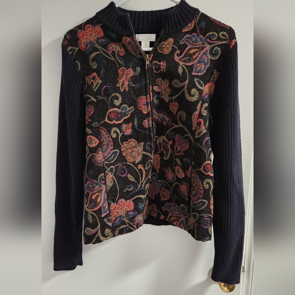 Christopher & Banks Zip Cardigan with Multicolor Tapestry Front, Size S